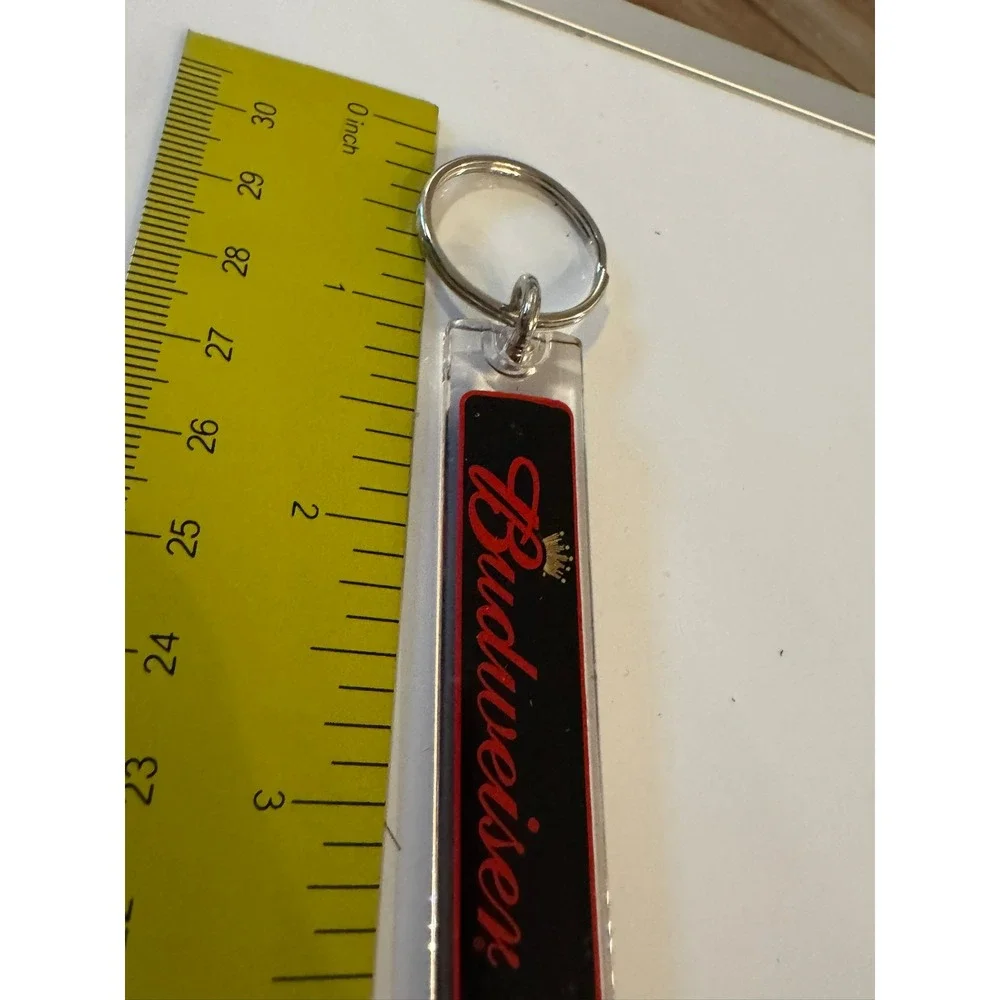 Budweiser Beer Keychain Clear Acrylic Black Red Script Logo Gold Crown Vintage